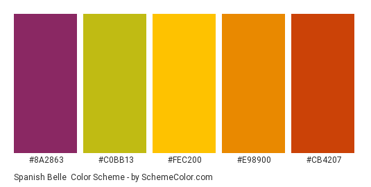 Spanish Belle - Color scheme palette thumbnail - #8a2863 #c0bb13 #fec200 #e98900 #cb4207 