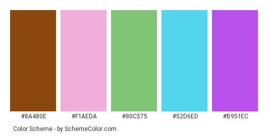 Soap Bubble Colorful - Color scheme palette thumbnail - #8a480e #f1aeda #80c575 #52d6ed #b951ec 