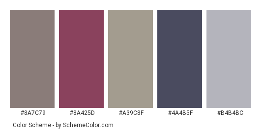 Axe Wood - Color scheme palette thumbnail - #8a7c79 #8a425d #a39c8f #4a4b5f #b4b4bc 