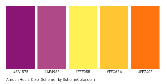 African Heart - Color scheme palette thumbnail - #8b1575 #af4988 #fef055 #ffc634 #ff740e 