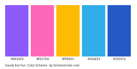 Gaudy but Fun - Color scheme palette thumbnail - #8b5af8 #FE67B8 #FFBB01 #30AEE9 #2559C6 