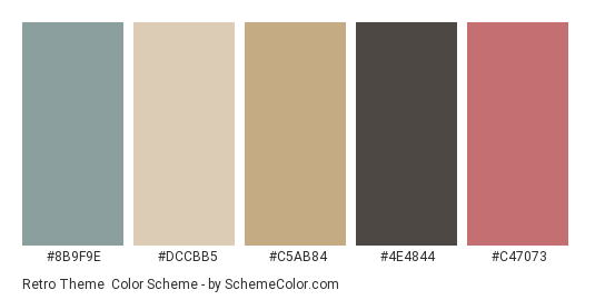Retro Theme - Color scheme palette thumbnail - #8b9f9e #dccbb5 #c5ab84 #4e4844 #c47073 