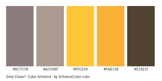 Dirty-Clean? - Color scheme palette thumbnail - #8c7c7b #ac998f #ffc639 #fab138 #524231 