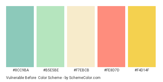 Vulnerable Before - Color scheme palette thumbnail - #8cc9ba #b5e5be #f7ebcb #FE8D7D #F4D14F 