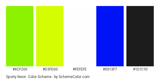 Sporty Neon - Color scheme palette thumbnail - #8cf200 #d3fd00 #fefefe #0013f7 #1d1c1d 