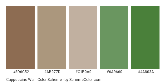 Cappuccino Wall - Color scheme palette thumbnail - #8d6c52 #ab977d #c1b0a0 #6a9660 #4a803a 