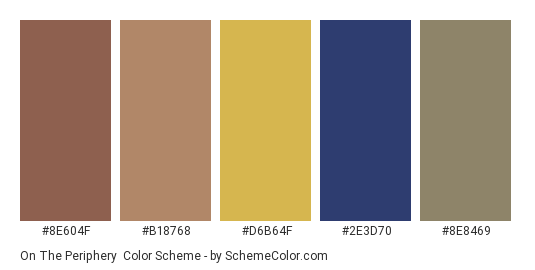 On the Periphery - Color scheme palette thumbnail - #8e604f #b18768 #d6b64f #2e3d70 #8e8469 