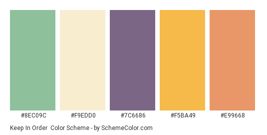 Keep in Order - Color scheme palette thumbnail - #8ec09c #f9edd0 #7c6686 #f5ba49 #e99668 