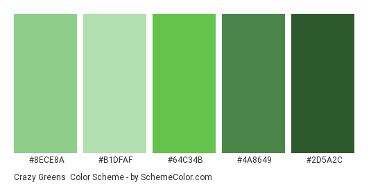 Crazy Greens - Color scheme palette thumbnail - #8ece8a #b1dfaf #64c34b #4a8649 #2d5a2c 