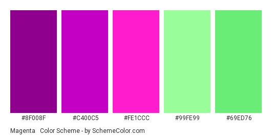 Magenta & Mint Green - Color scheme palette thumbnail - #8f008f #c400c5 #fe1ccc #99fe99 #69ed76 