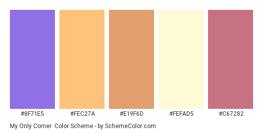 My Only Corner - Color scheme palette thumbnail - #8f71e5 #fec27a #e19f6d #fefad5 #c67282 