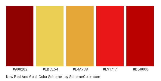 New Red and Gold - Color scheme palette thumbnail - #900202 #EBCE54 #E4A738 #E91717 #BB0000 