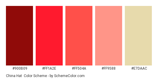 China Hat - Color scheme palette thumbnail - #900B09 #FF1A2E #FF504A #FF9588 #E7DAAC 