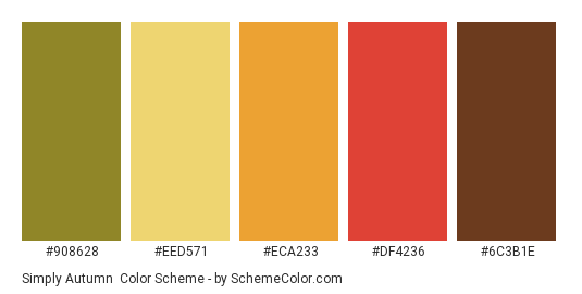 Simply Autumn - Color scheme palette thumbnail - #908628 #EED571 #ECA233 #DF4236 #6C3B1E 