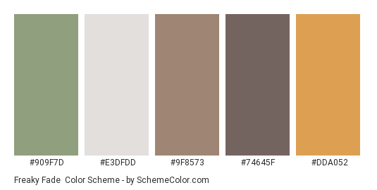 Freaky Fade - Color scheme palette thumbnail - #909f7d #e3dfdd #9f8573 #74645f #dda052 