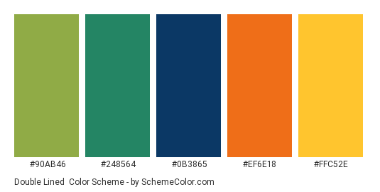 Double Lined - Color scheme palette thumbnail - #90AB46 #248564 #0B3865 #EF6E18 #FFC52E 