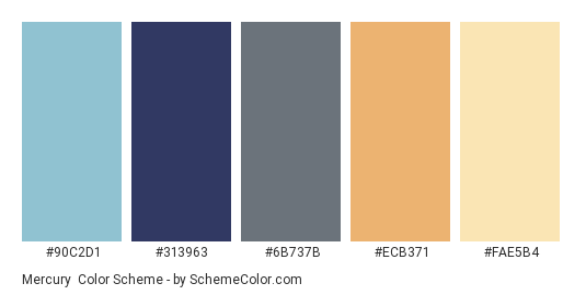 Mercury - Color scheme palette thumbnail - #90C2D1 #313963 #6B737B #ECB371 #FAE5B4 