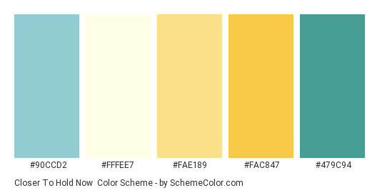 Closer To Hold Now - Color scheme palette thumbnail - #90ccd2 #fffee7 #fae189 #fac847 #479c94 