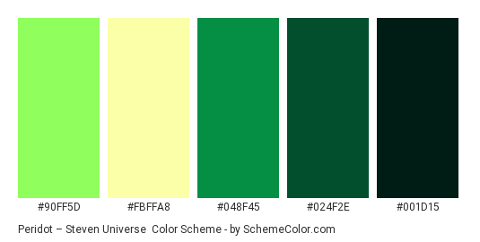 Peridot – Steven Universe - Color scheme palette thumbnail - #90ff5d #fbffa8 #048f45 #024f2e #001d15 