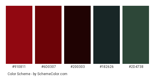 Reddish and Blackish Rooster - Color scheme palette thumbnail - #910811 #6D0307 #200303 #182626 #2D4738 
