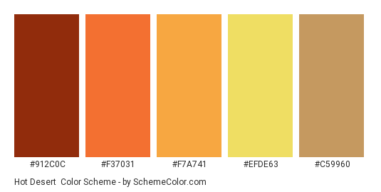 Hot Desert - Color scheme palette thumbnail - #912C0C #F37031 #F7A741 #EFDE63 #C59960 