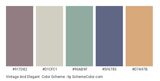 Vintage and Elegant - Color scheme palette thumbnail - #917D82 #D1CFC1 #90AB9F #5F6785 #D7A97B 