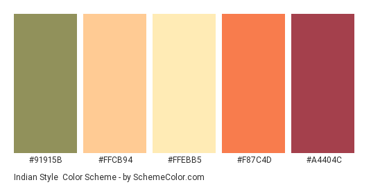Indian Style - Color scheme palette thumbnail - #91915B #FFCB94 #FFEBB5 #F87C4D #A4404C 