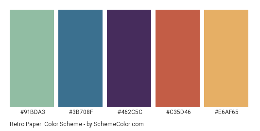 Retro Paper - Color scheme palette thumbnail - #91BDA3 #3B708F #462C5C #C35D46 #E6AF65 