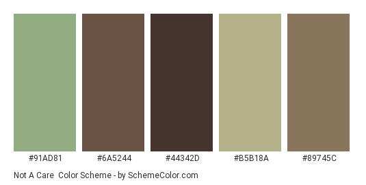 Not a Care - Color scheme palette thumbnail - #91ad81 #6a5244 #44342d #b5b18a #89745c 