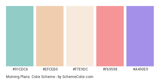 Morning Plans - Color scheme palette thumbnail - #91cdc6 #efceb0 #f7e9dc #f69598 #a490e9 