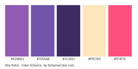 80s Retro #2 - Color scheme palette thumbnail - #925BB3 #7055AB #3C2B61 #FFE7BD #FF4F7E 