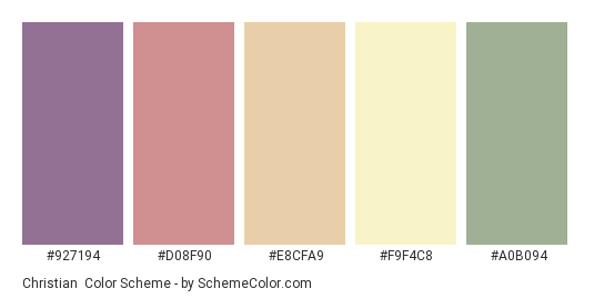 Christian - Color scheme palette thumbnail - #927194 #D08F90 #E8CFA9 #F9F4C8 #A0B094 