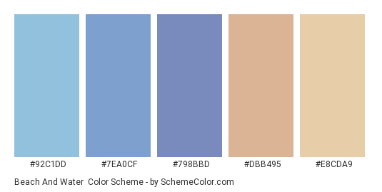 Beach and Water - Color scheme palette thumbnail - #92C1DD #7EA0CF #798BBD #DBB495 #E8CDA9 