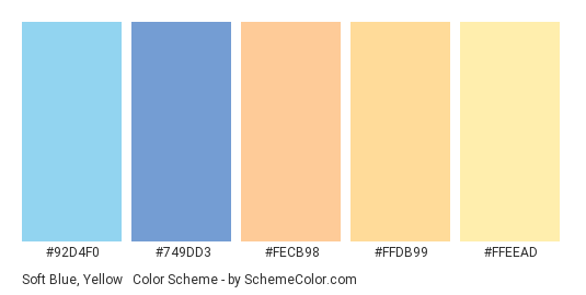 Soft Blue, Yellow & Orange - Color scheme palette thumbnail - #92D4F0 #749DD3 #FECB98 #FFDB99 #FFEEAD 