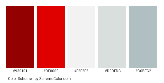White Christmas - Color scheme palette thumbnail - #930101 #df0000 #f2f2f2 #d9dfdc #b0bfc2 