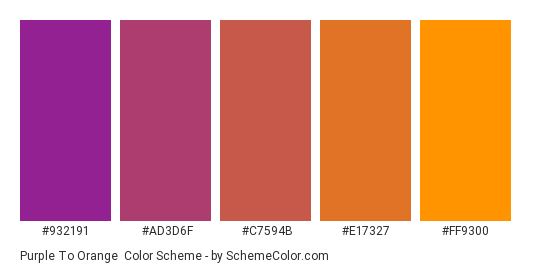 Purple to Orange - Color scheme palette thumbnail - #932191 #ad3d6f #c7594b #e17327 #ff9300 