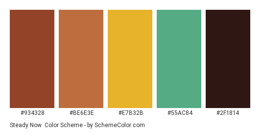 Steady Now - Color scheme palette thumbnail - #934328 #be6e3e #e7b32b #55ac84 #2f1814 