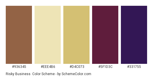 Risky Business - Color scheme palette thumbnail - #936345 #eee4b6 #d4c073 #5f1d3c #331755 