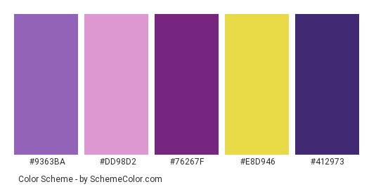 Purple Flower - Color scheme palette thumbnail - #9363ba #dd98d2 #76267f #e8d946 #412973 