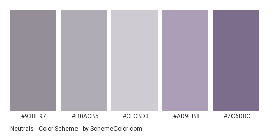 Neutrals & Purples - Color scheme palette thumbnail - #938e97 #b0acb5 #cfcbd3 #ad9eb8 #7c6d8c 