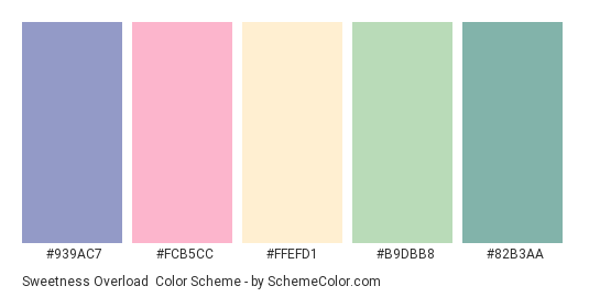 Sweetness Overload - Color scheme palette thumbnail - #939AC7 #FCB5CC #FFEFD1 #B9DBB8 #82B3AA 