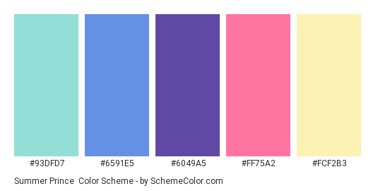 Summer Prince - Color scheme palette thumbnail - #93DFD7 #6591E5 #6049A5 #FF75A2 #FCF2B3 