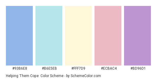 Helping Them Cope - Color scheme palette thumbnail - #93b6e8 #b6e5eb #fff7d9 #ecbac4 #bd96d1 