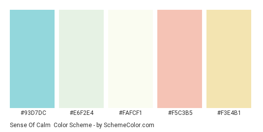 Sense of Calm - Color scheme palette thumbnail - #93d7dc #e6f2e4 #fafcf1 #f5c3b5 #f3e4b1 