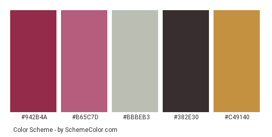 Apple Fall - Color scheme palette thumbnail - #942b4a #b65c7d #bbbeb3 #382e30 #c49140 