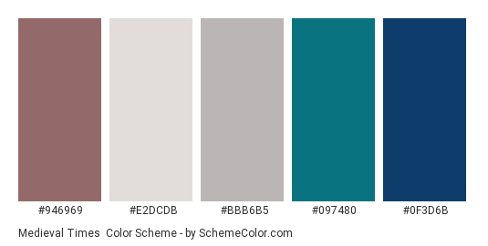 Medieval Times - Color scheme palette thumbnail - #946969 #E2DCDB #BBB6B5 #097480 #0F3D6B 