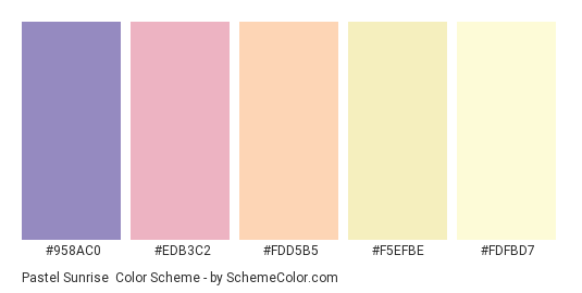 Pastel Sunrise - Color scheme palette thumbnail - #958AC0 #EDB3C2 #FDD5B5 #F5EFBE #FDFBD7 