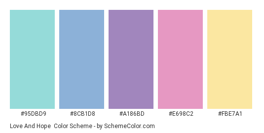 Love and Hope - Color scheme palette thumbnail - #95DBD9 #8CB1D8 #A186BD #E698C2 #FBE7A1 
