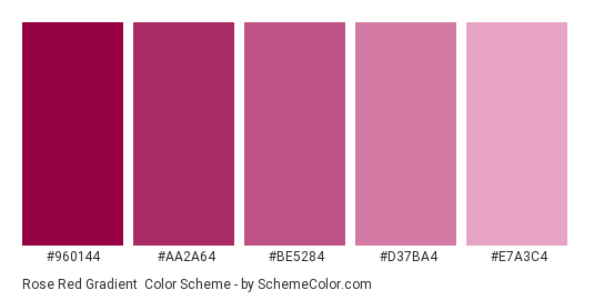 Rose Red Gradient - Color scheme palette thumbnail - #960144 #AA2A64 #BE5284 #D37BA4 #E7A3C4 