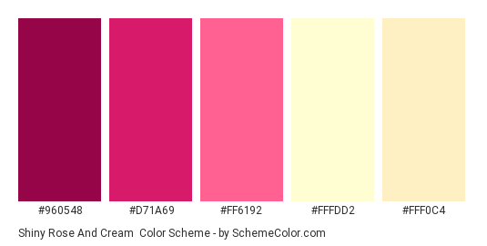Shiny Rose and Cream - Color scheme palette thumbnail - #960548 #D71A69 #FF6192 #FFFDD2 #FFF0C4 